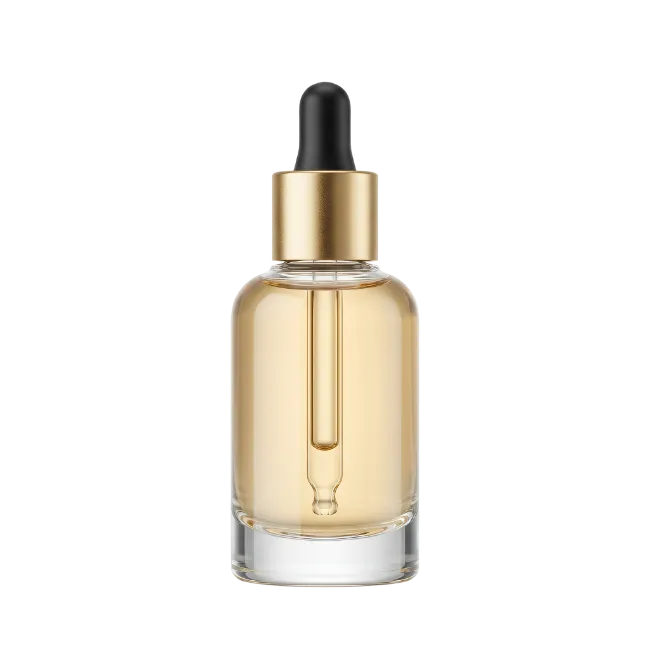 Glass dropper bottle with golden serum