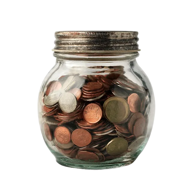 Glass jar filled with assorted coins