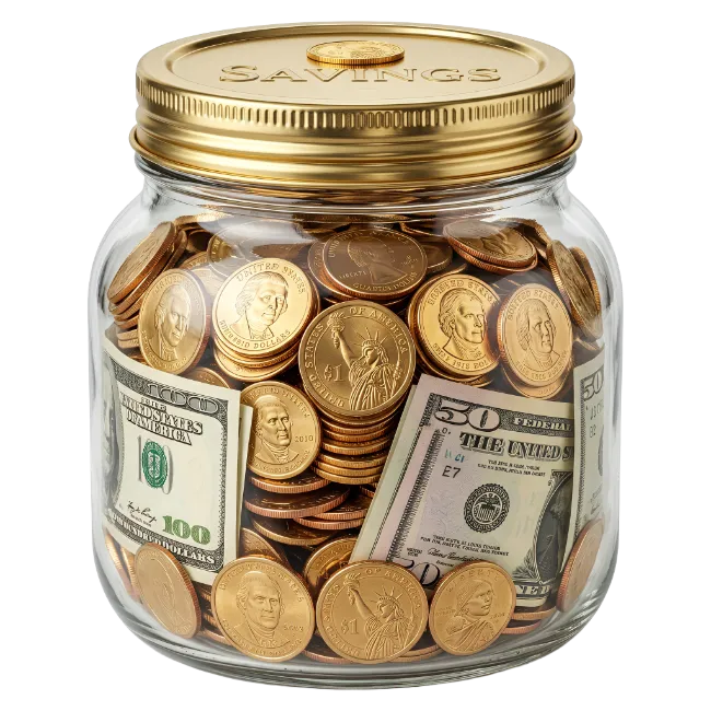 Glass Jar Filled With Coins And Dollar Bills