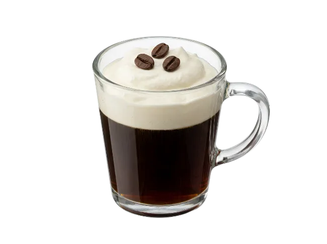 Glass Mug of Coffee with Cream and Coffee Beans