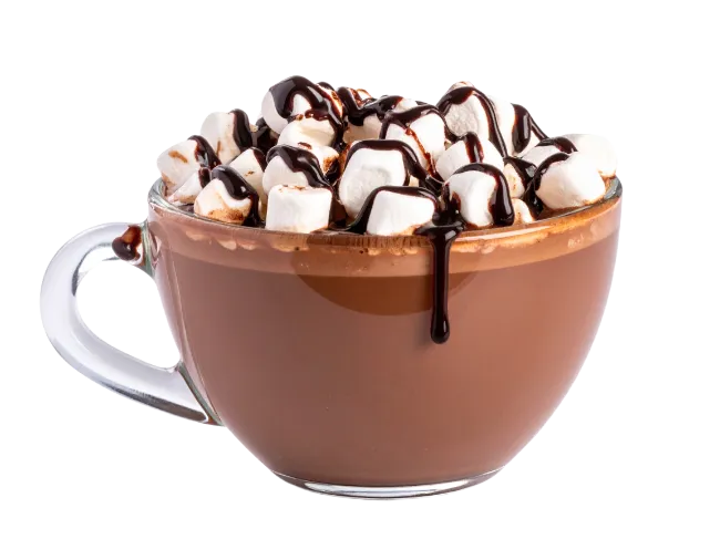 Glass Mug of Hot Chocolate with Marshmallows and Chocolate Syrup