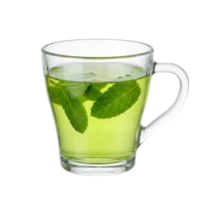 Glass Mug with Green Tea and Mint Leaves