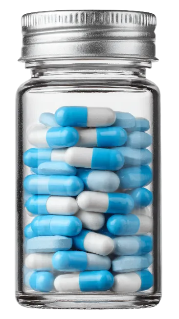 Glass Pill Bottle with Blue and White Capsules