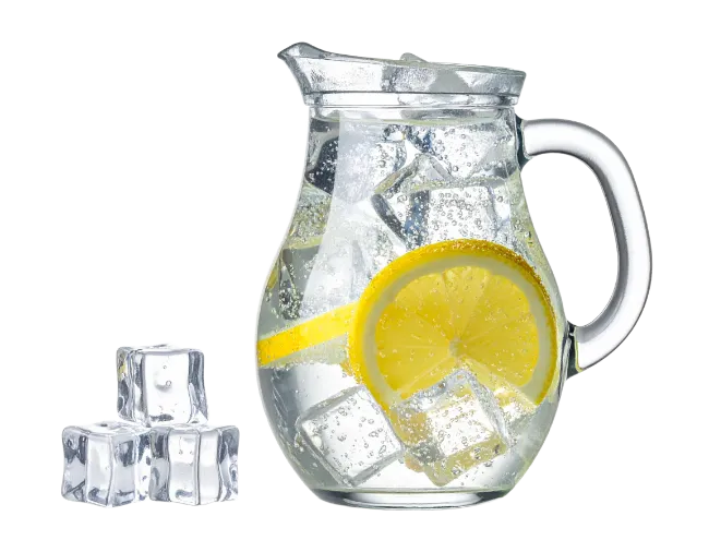 Glass Pitcher With Lemon And Ice Cubes