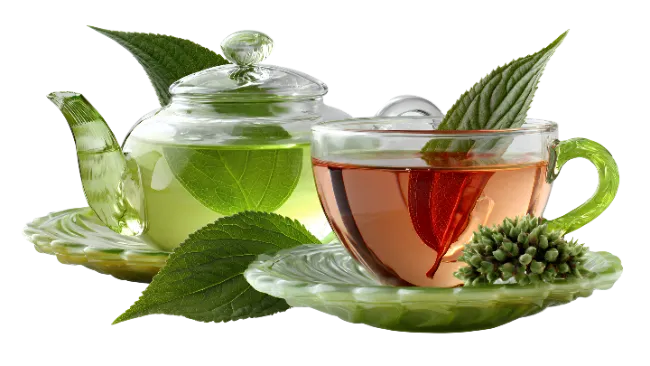 Glass Teapot and Cup with Green Leaves