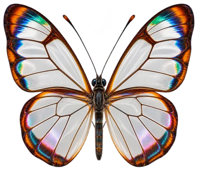 Glasswinged butterfly with iridescent orange borders