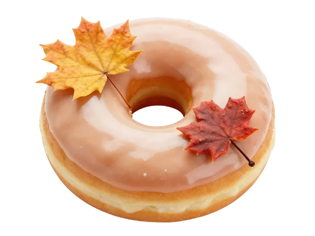 Glazed Donut Decorated with Autumn Maple Leaves