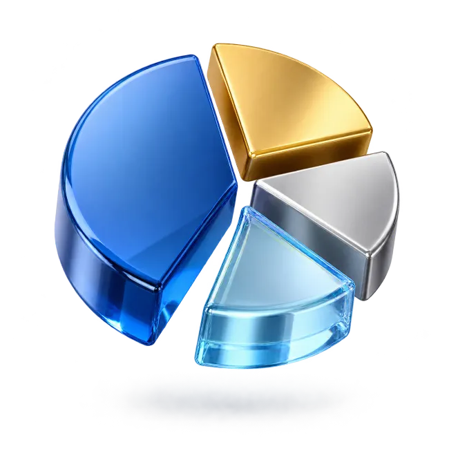 Glossy 3D Pie Chart with Metallic and Glass Slices