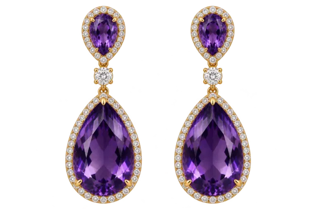 Gold Amethyst Drop Earrings with Diamonds