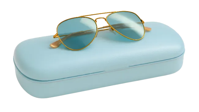 Gold Aviator Sunglasses on Light Blue Case