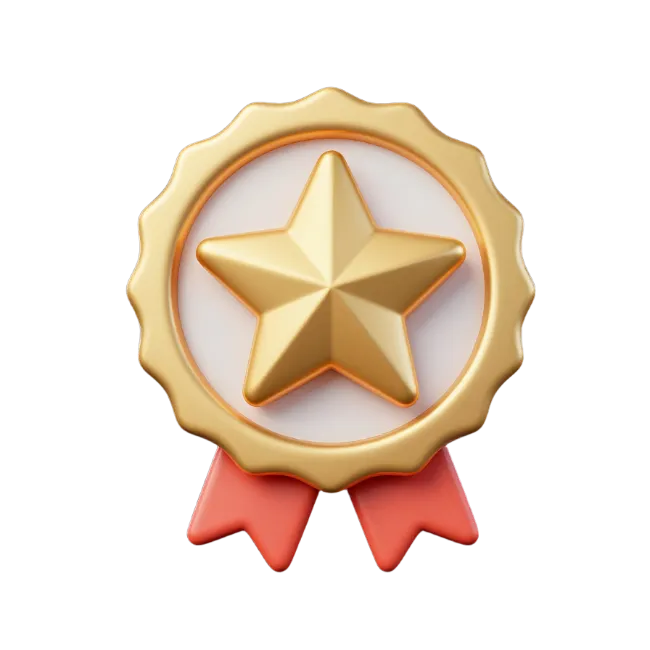 Gold award badge with star and red ribbons
