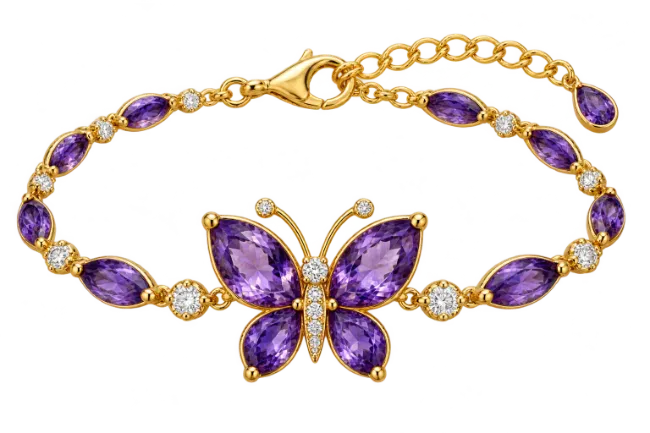 Gold Butterfly Bracelet with Purple Amethyst and Diamonds