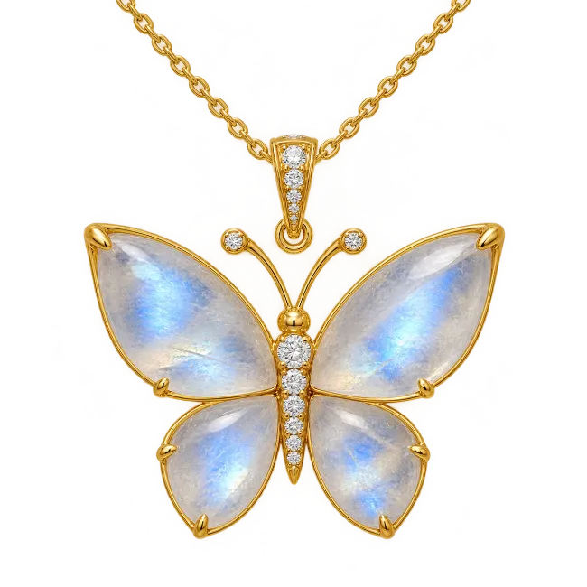 Gold butterfly pendant necklace with moonstone