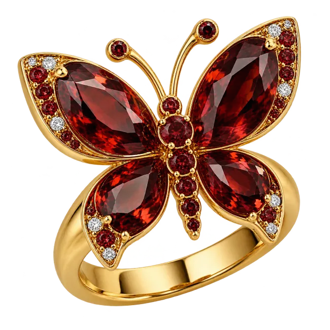 Gold butterfly ring with red gemstones and diamonds