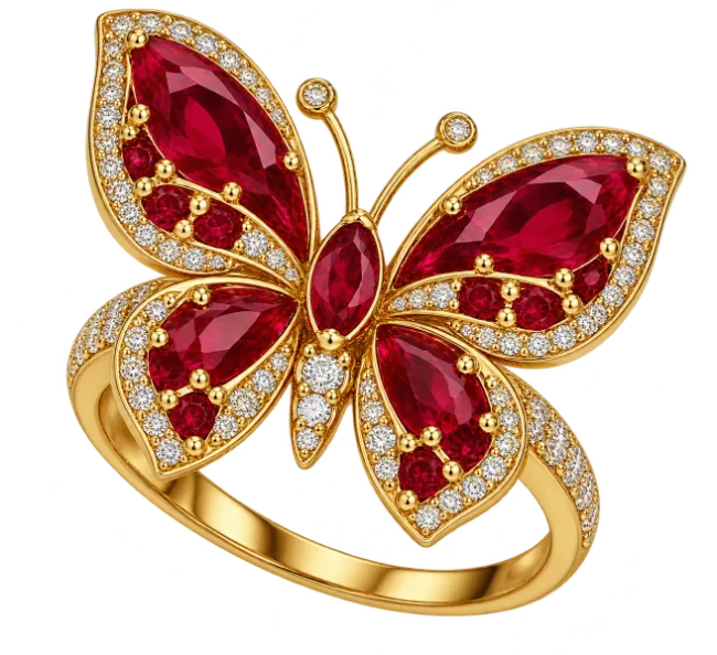 Gold butterfly ring with rubies and diamonds