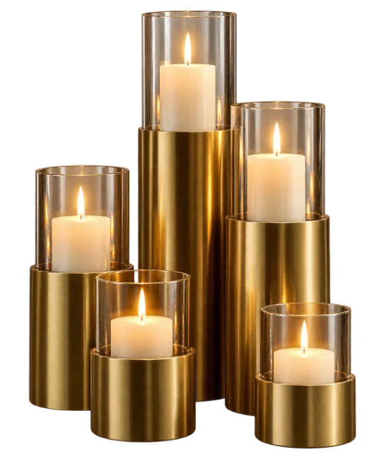 Gold Candle Holders with Glass Cylinders