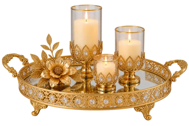 Gold Decorative Tray With Candles And Flowers