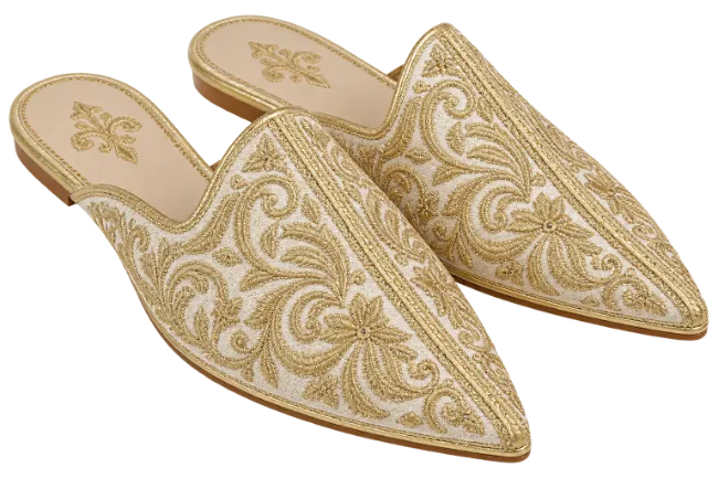 Gold Embroidered Pointed Slippers