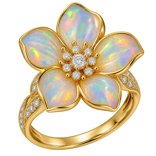 Gold flower ring with opal stones
