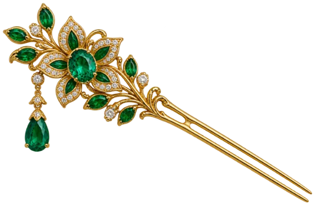Gold Hairpin with Emeralds and Diamonds