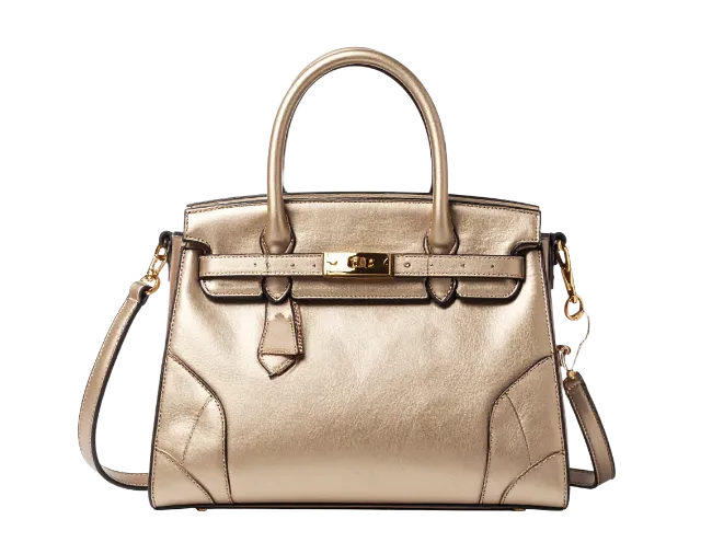 Gold Leather Handbag with Shoulder Strap
