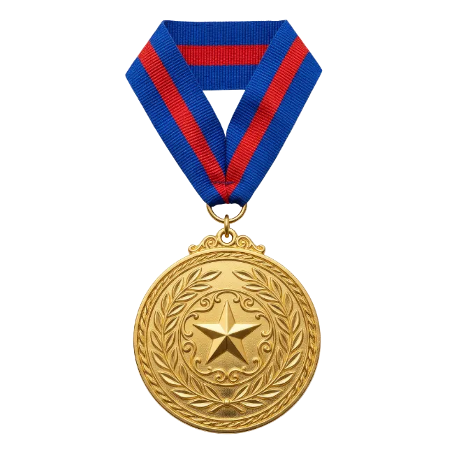 Gold Military Medal with Blue and Red Ribbon