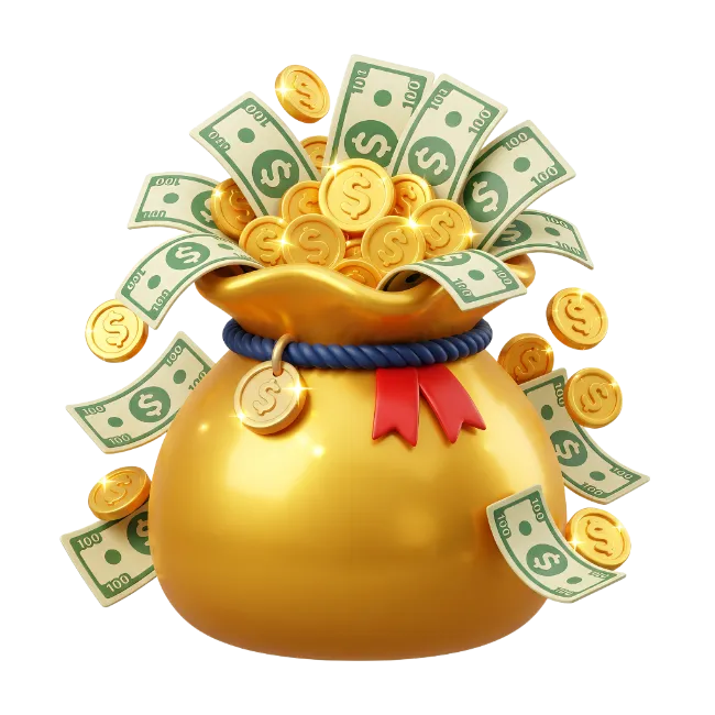 Gold Money Bag with Cash and Coins
