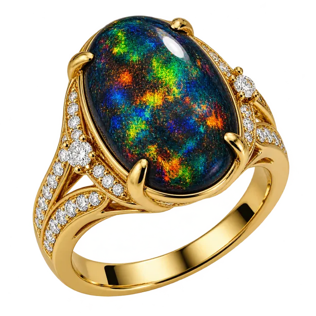 Gold Ring with Black Opal and Diamonds