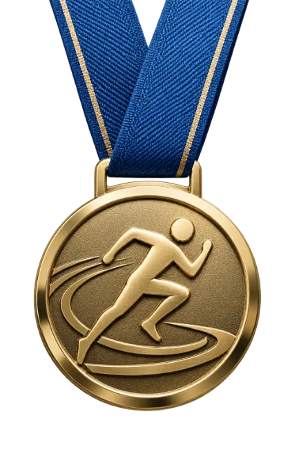 Gold Running Medal with Blue Ribbon