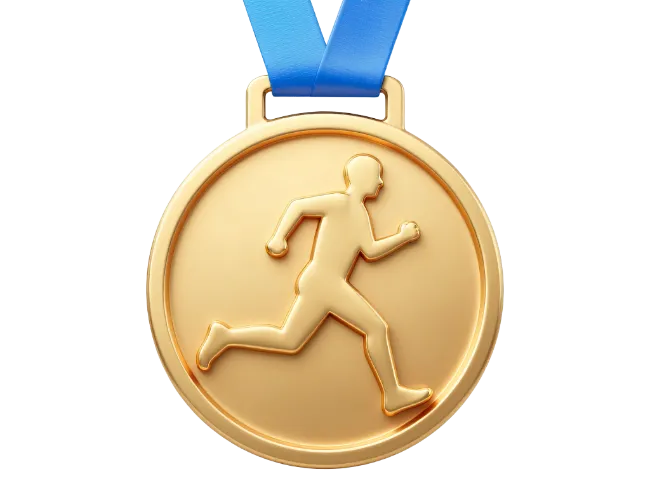 Gold running sports medal with blue ribbon