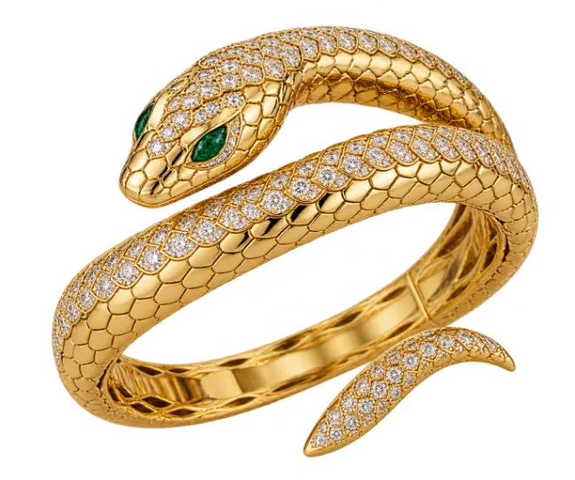 Gold Snake Bracelet with Diamonds and Emerald Eyes