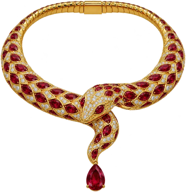 Gold Snake Necklace With Rubies And Diamonds