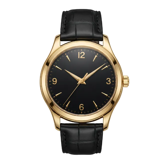 Gold Watch With Black Dial And Leather Strap