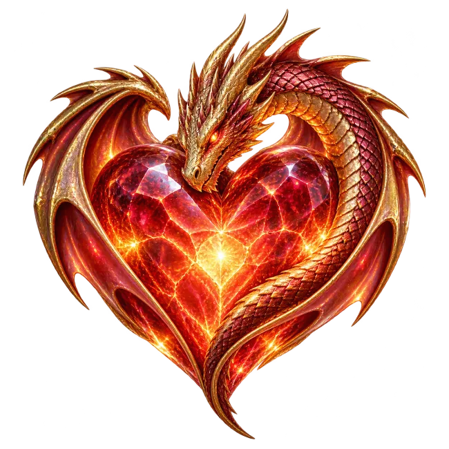 Golden Dragon Wrapped Around Glowing Red Heart