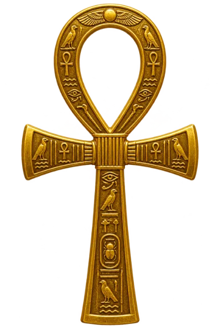 Golden Egyptian Ankh Symbol with Hieroglyphs