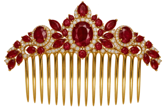 Golden Hair Comb Adorned With Red Rubies And Diamonds