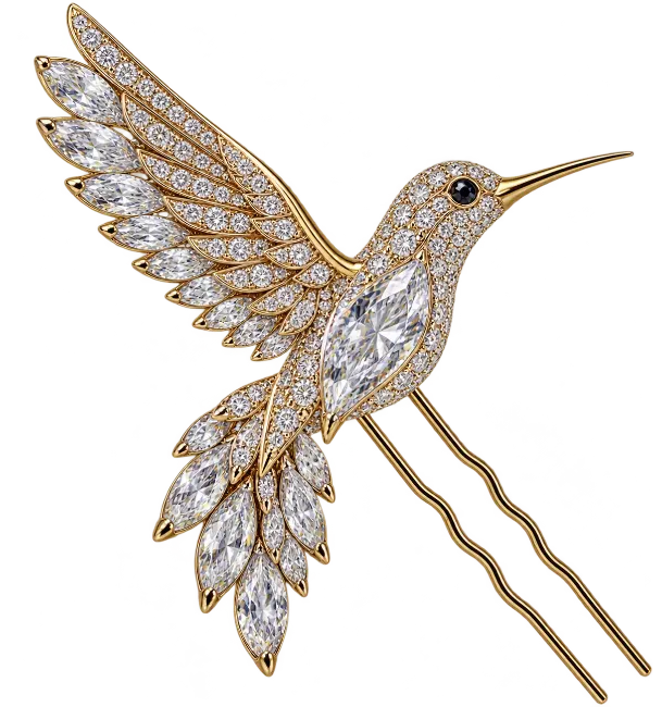 Golden Hummingbird Hair Pin with Diamonds