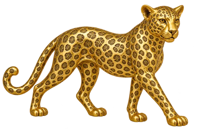 Golden Leopard Statue Walking On White Background
