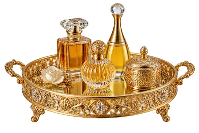 Golden Perfume Bottles on Ornate Tray