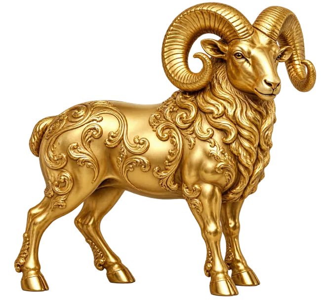 Golden Ram Statue With Ornate Details