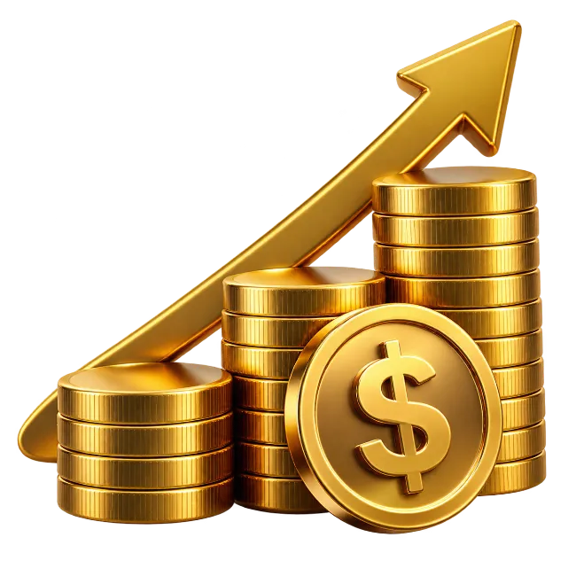 Golden Stacks of Dollar Coins with Upward Financial Growth Arrow