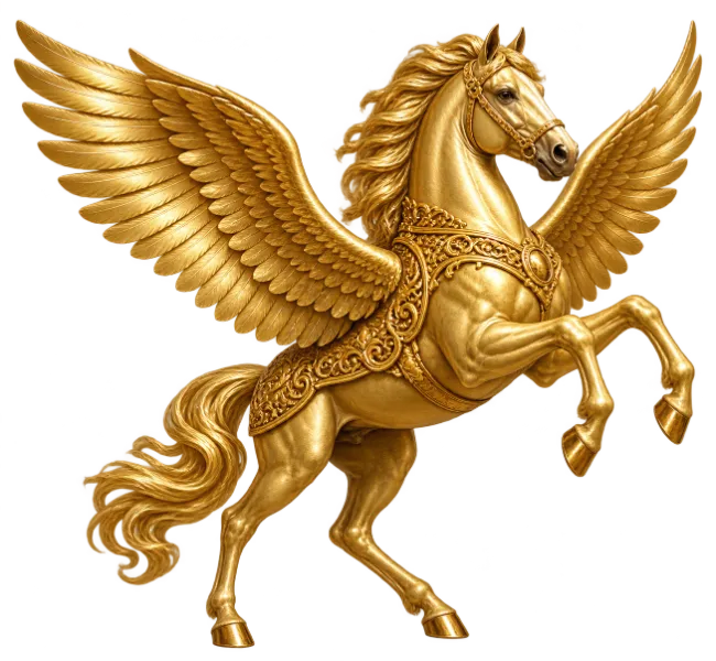 Golden Winged Pegasus Statue Isolated on White Background