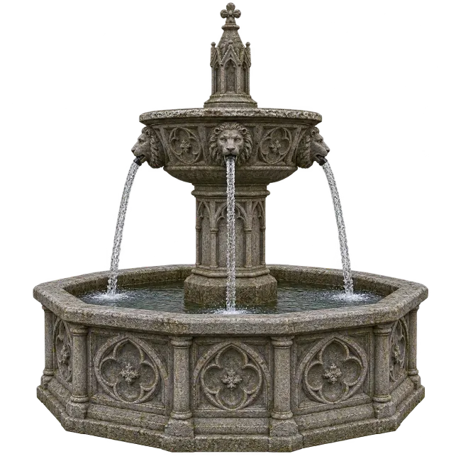 Gothic Stone Water Fountain with Lion Heads