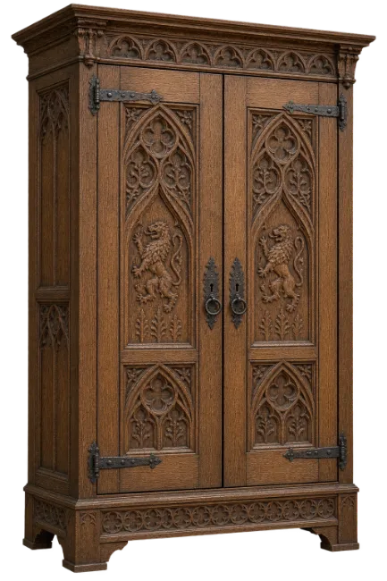 Gothic Wooden Cabinet with Intricate Carvings