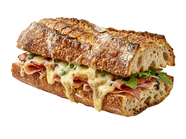 Gourmet baguette sandwich with melted cheese and ham