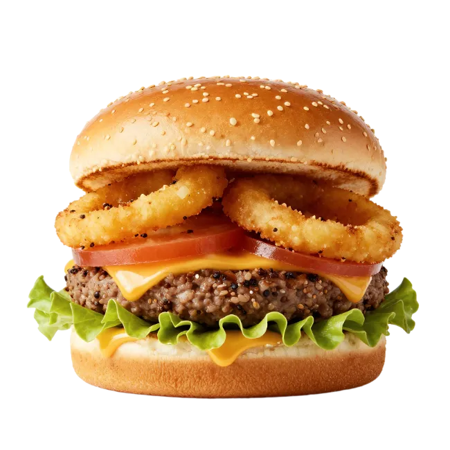 Gourmet burger with onion rings and cheese
