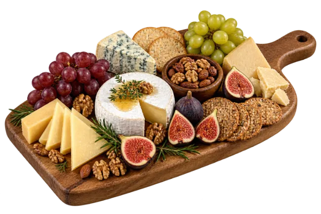 Gourmet Cheese Board with Grapes Figs Crackers and Nuts