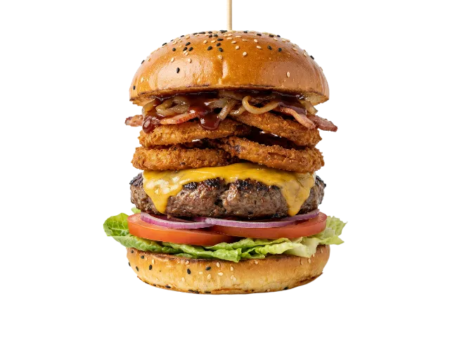 Gourmet Cheeseburger with Onion Rings and Bacon