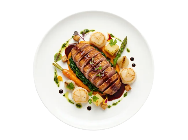 Gourmet Duck Breast Dish with Scallops and Vegetables