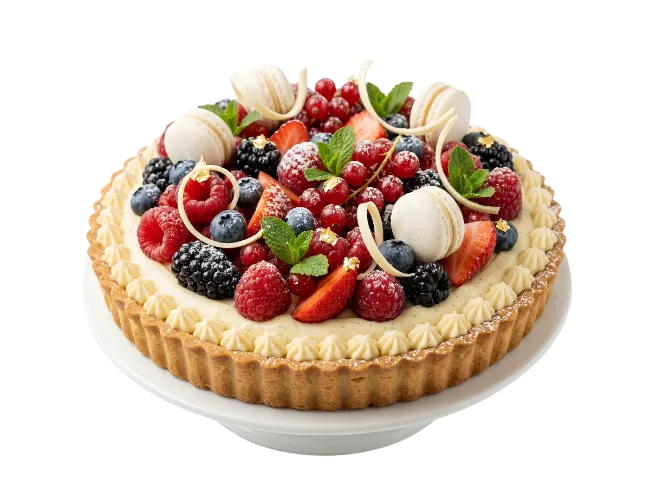 Gourmet Fruit Tart with Berries and Macarons
